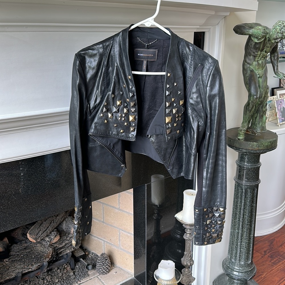 Cropped Studded Black Leather BCBGMAXAZRIA Jacket